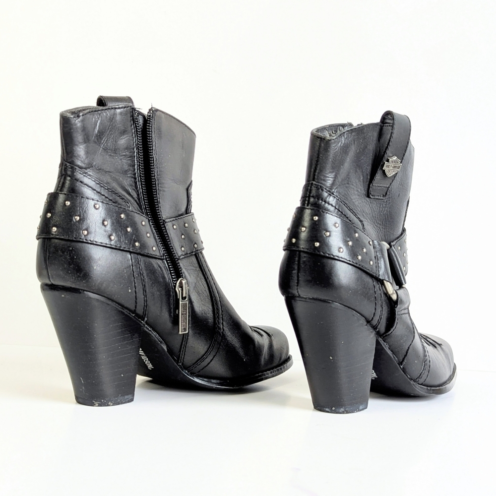 Rare Harley Davidson Black Leather Square Toe Riding Heeled Ankle Boots sz 8½ - Picture 2 of 10